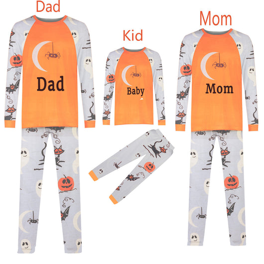 Matching family Halloween pajamas with orange and grey long-sleeve shirts and pants, featuring ghosts, pumpkins, and bats. - Image 9
