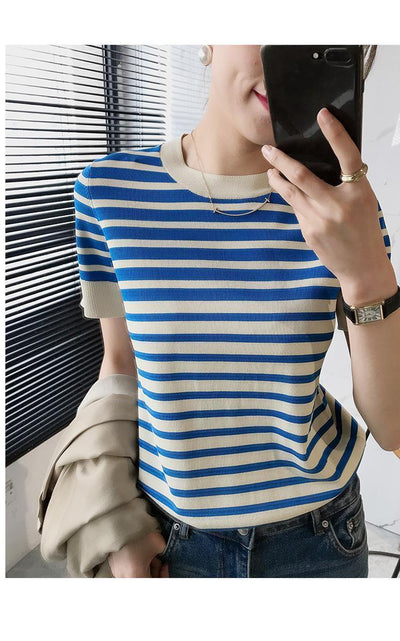 Blusa Holgada Ice Silk a Rayas con Cuello Redondo para Mujer - Image 10