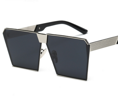 Silver-framed square polarized sunglasses with dark gray lenses and textured temples on a white background. - Image 15