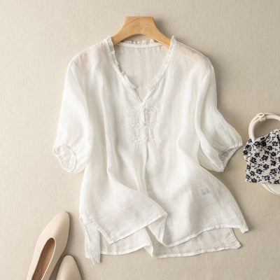 Blusa de Algodón y Lino Bordada con Cuello en V y Manga Corta - Image 3