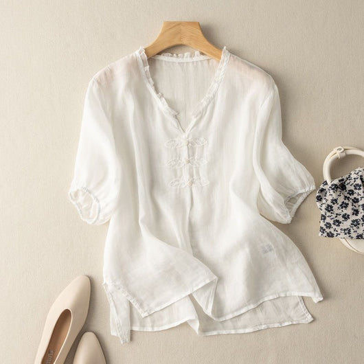Blusa de Algodón y Lino Bordada con Cuello en V y Manga Corta - Image 3