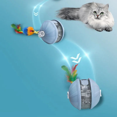 Light blue and white automatic rolling cat toy ball with a purple faux tail, featuring a power button. - Image 3