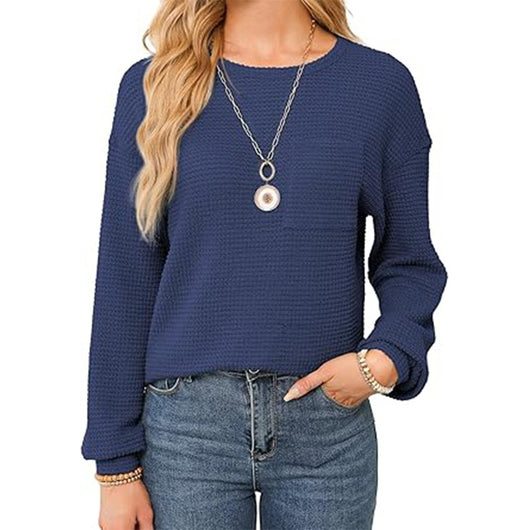 Blusa Tejida Waffle Manga Larga Cuello Redondo para Mujer - Image 9