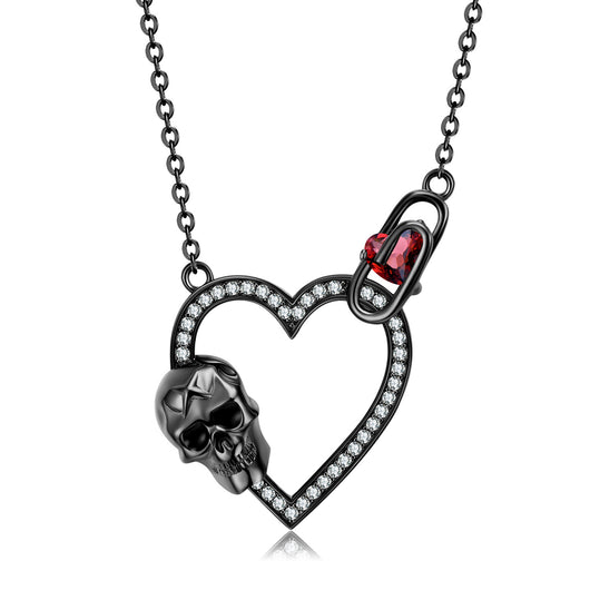 Collar Gótico Plata 925 Corazón y Calavera Oro Negro con Circonia - Estilo Punk Retro