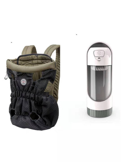 Navy blue mesh pet carrier backpack with leg holes and a light blue portable pet water bottle with a transparent reservoir. - Image 7