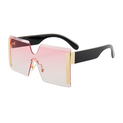 Frameless sunglasses with pink gradient lenses, black temples, and gold-tone accents on a white background. - Image 19