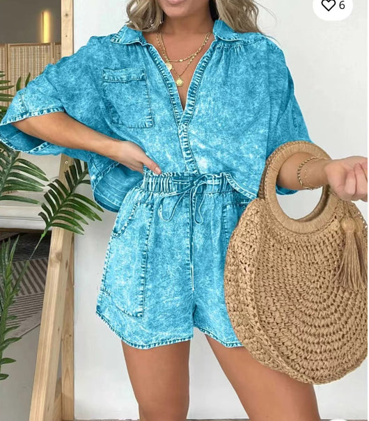 Conjunto de Verano Mujer: Camisa Suelta con Mangas Murciélago y Short con Cordón - Image 3