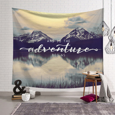 Nordic style polyester wall tapestry featuring a serene mountain and lake landscape with the quote "AND SO THE adventure BEGINS". - Image 4