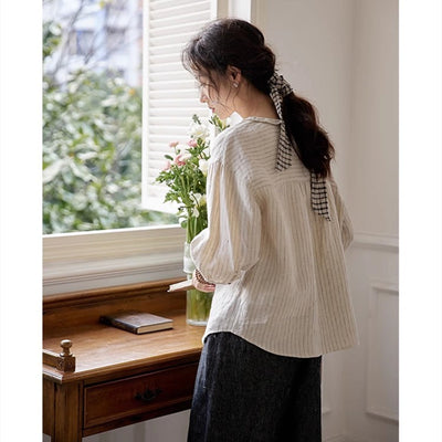 Blusa Casual de Rayas con Cuello Muñeca para Mujer - Image 3