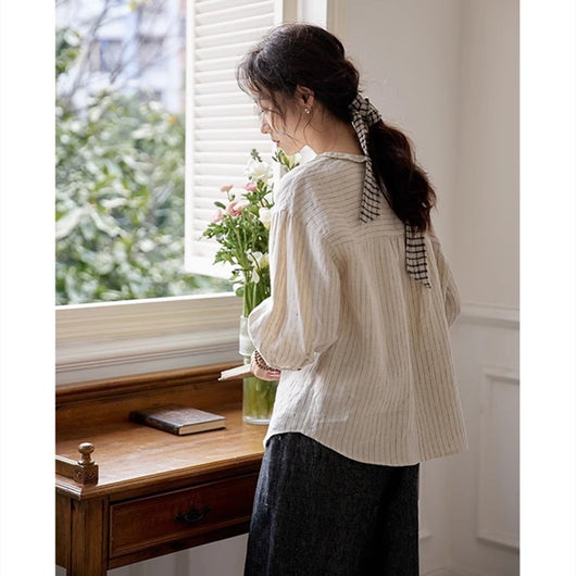 Blusa Casual de Rayas con Cuello Muñeca para Mujer - Image 3