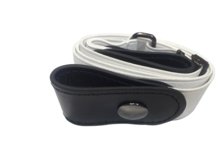 Red, white, and blue striped elastic stretch belt with brown leather-look ends and a silver-tone double buckle. - Image 15
