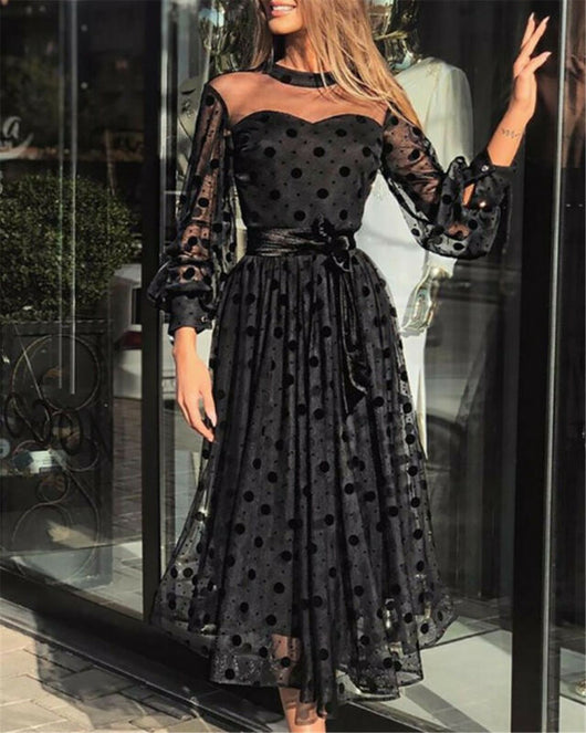 Vestido Negro con Lunares y Mangas de Malla Linterna - Image 5