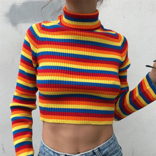 Suéter de Cuello Redondo Rayas Arcoíris Manga Larga