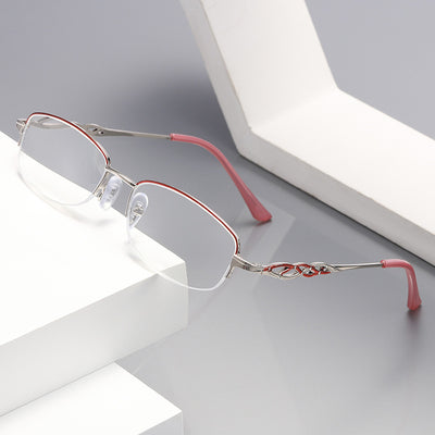 Gold half-rim anti-blue light reading glasses with red decorative temples and +1.50 magnification. - Image 2