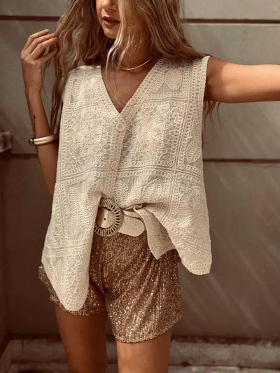 Chaleco Cardigan con Encaje Bordado y Hebilla - Top Versátil para Vacaciones - Image 9