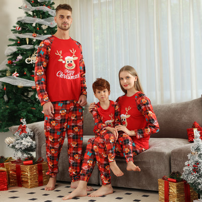 Family matching red Christmas pajamas with a cartoon reindeer and "Merry Christmas" text on a plaid background. - Image 27