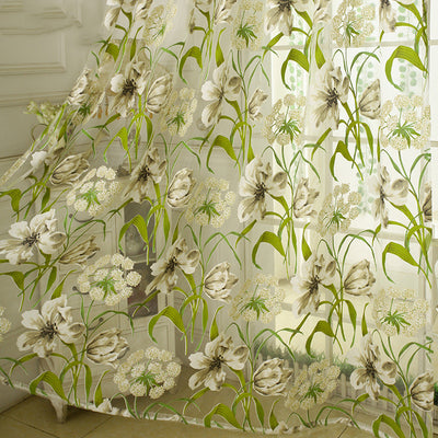 White sheer curtains with a green and beige floral pattern, hanging on a rod in a bright room. - Image 7