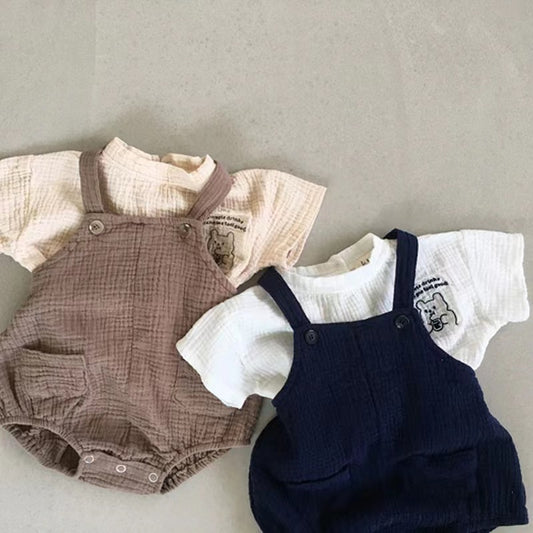 Conjunto Elegante para Bebé: Camisa de Manga Corta con Pantalón Tipo Tirantes Estilo Occidental