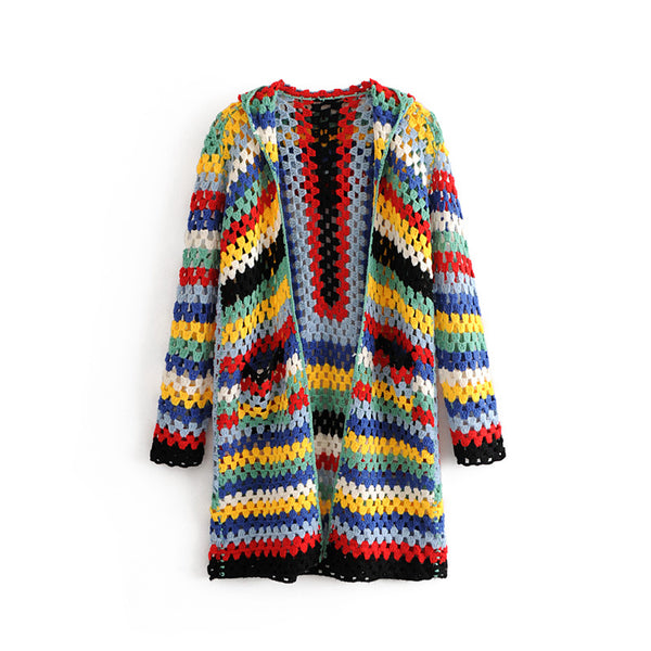 Cardigan Tejido a Mano con Capucha Arcoíris - Abrigo Suéter Largo para Otoño