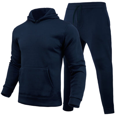 Men's navy blue slim-fit solid color hoodie and matching sweatpants set with drawstring hood and ribbed cuffs. - Image 23