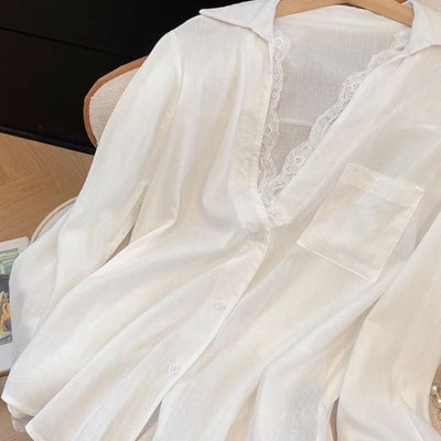 Blusa Larga de Manga Larga con Paneles de Encaje Efecto Dos Piezas - Image 10