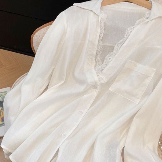 Blusa Larga de Manga Larga con Paneles de Encaje Efecto Dos Piezas - Image 10