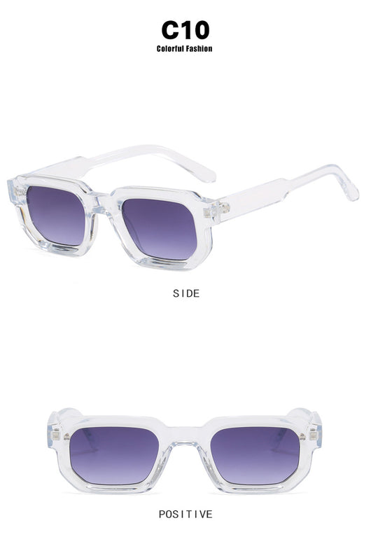Black square-frame sunglasses with thick, angular frames and dark blue lenses, shown on a white background. - Image 37
