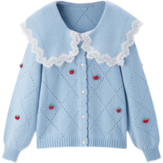 Cardigan Tejido con Cuello Solapa y Estampado de Fresas - Colección Otoño