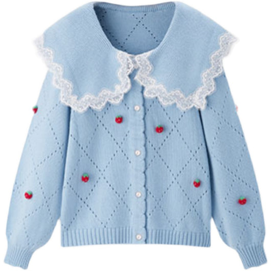 Cardigan Tejido con Cuello Solapa y Estampado de Fresas - Colección Otoño