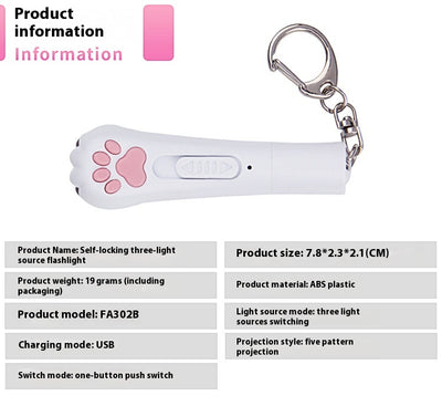 Light purple paw-shaped cat laser pointer toy with USB charging, featuring multiple red laser patterns, soft white light, and UV light. - Image 25