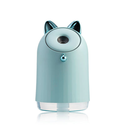 Grey humidifier table lamp with a clear base and decorative silver ears, featuring a mist outlet and control button. - Image 3