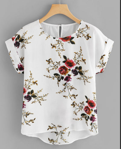 Blusa Floral de Cuello Redondo con Estampado Paris Beads