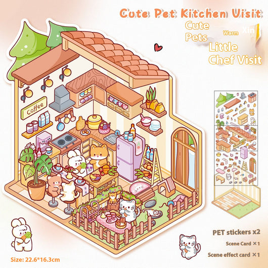 Diy Notebook Decompression Stacking Miniature Sticker set featuring a cute cartoon hot pot shop scene with animal characters. - Image 21