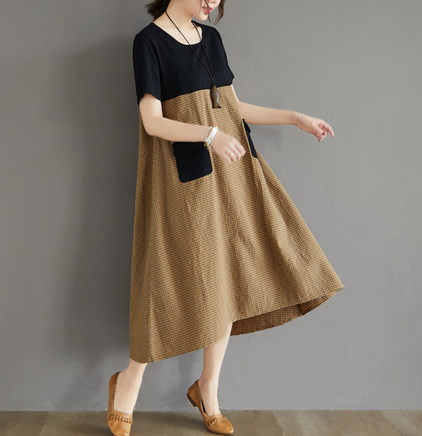 Vestido Largo de Algodón y Lino con Cuadros y Cuello Redondo - Image 3