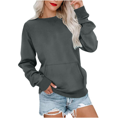 Sudadera Suelta de Color Liso con Cuello Redondo para Mujer - Image 9