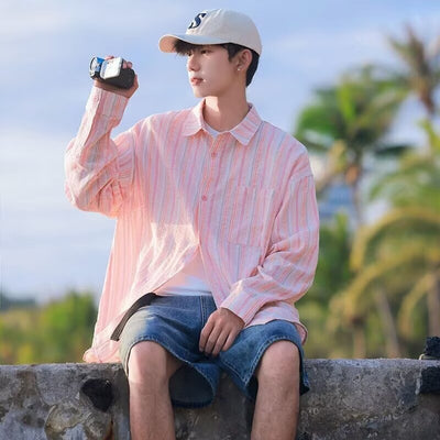 Camisa de Manga Larga Protección Solar Holgada a Rayas para Hombre - Image 13