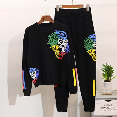 Conjunto de Pantalón y Blusa Tejida con Estampado de Tigre para Mujer
