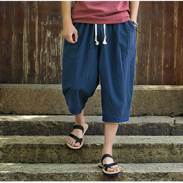 Pantalones Cortos Lino y Algodón Estilo Asiático Cintura Alta Pierna Ancha