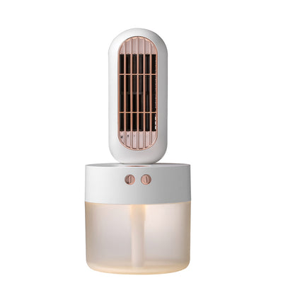Small white and rose gold humidifier fan with an oval fan unit and a translucent cylindrical water tank. - Image 5