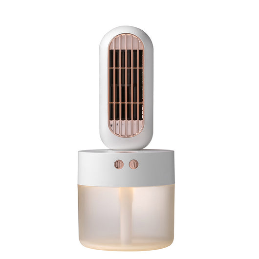 Small white and rose gold humidifier fan with an oval fan unit and a translucent cylindrical water tank. - Image 5