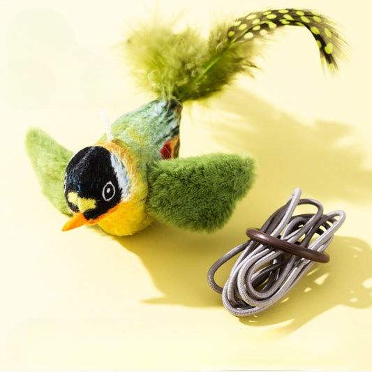 Plush bird cat toy with orange chest, grey body, feathered tail, and an elastic string for interactive play.