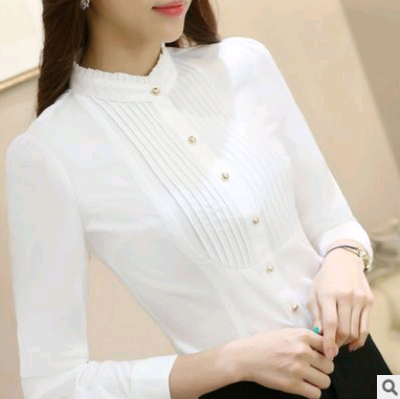 Blusa Blanca Profesional Manga Larga Slim Fit con Encaje y Detalles de Rayas Verticales - Image 2