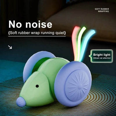 White and grey electric mouse cat toy with large wheels, a glowing blue tail, and a USB charging cable. - Image 18