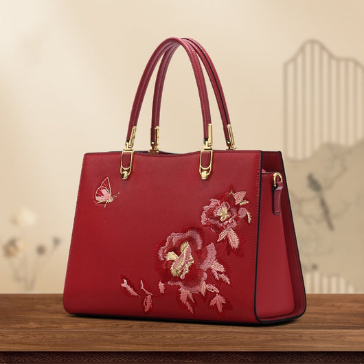 Bolso Diana de Cuero con Bordado de Peonía y Mariposa - Gran Capacidad - Image 7