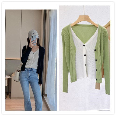 Cardigan Tejido Falsa Dos Piezas Mujer Cuello V Manga Larga