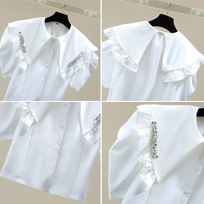 Blusa Corta Cuello Muñeca con Mangas Abullonadas Diamante y Cintura Alta - Image 3