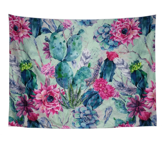 Watercolor tapestry with pink flowers, blue cacti, and green succulents on a light green background, perfect for dorm decor.