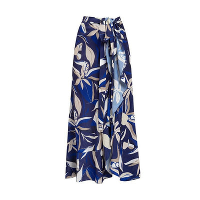 Women's blue and white tropical leaf print two-piece swimsuit with off-shoulder puff sleeves and high-waisted bottoms. - Image 7