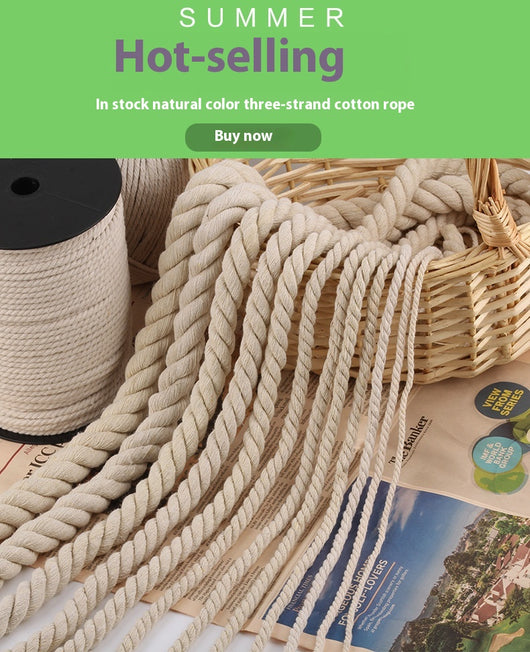 Coiled beige three-strand coarse cotton rope, showcasing its natural texture and thickness on a white background. - Image 10