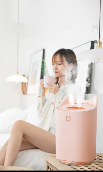 Beige double nozzle humidifier with cat ear design emitting mist, shown in a warm-toned indoor setting. - Image 12